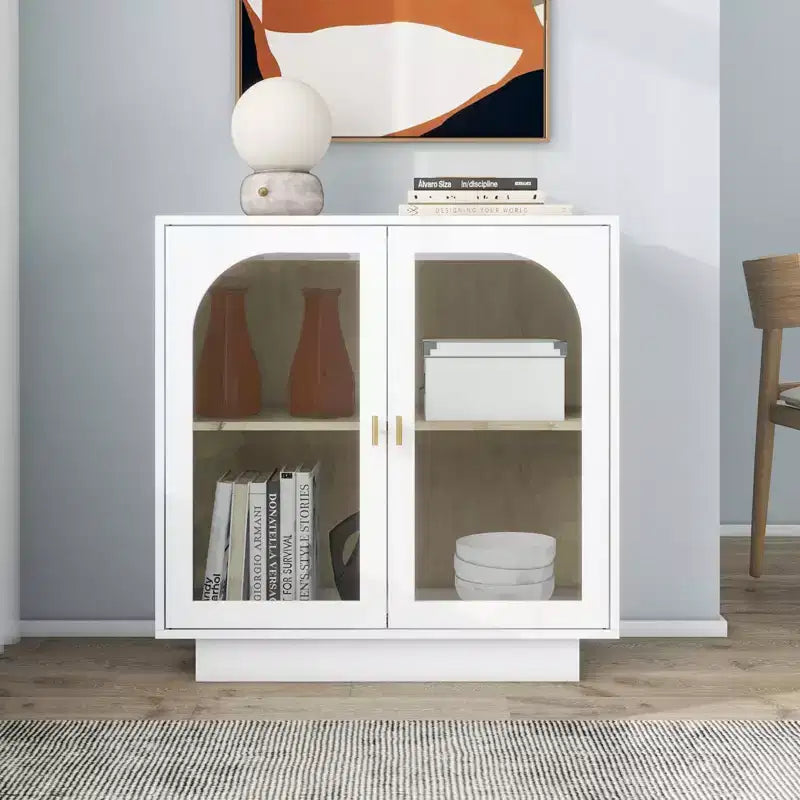 Glass Door Storage Cabinet, Contemporary Free Standing Organizer with Adjustable Shelf for Living Room, Dining or Study Room
