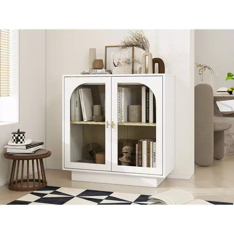 Glass Door Storage Cabinet, Contemporary Free Standing Organizer with Adjustable Shelf for Living Room, Dining or Study Room