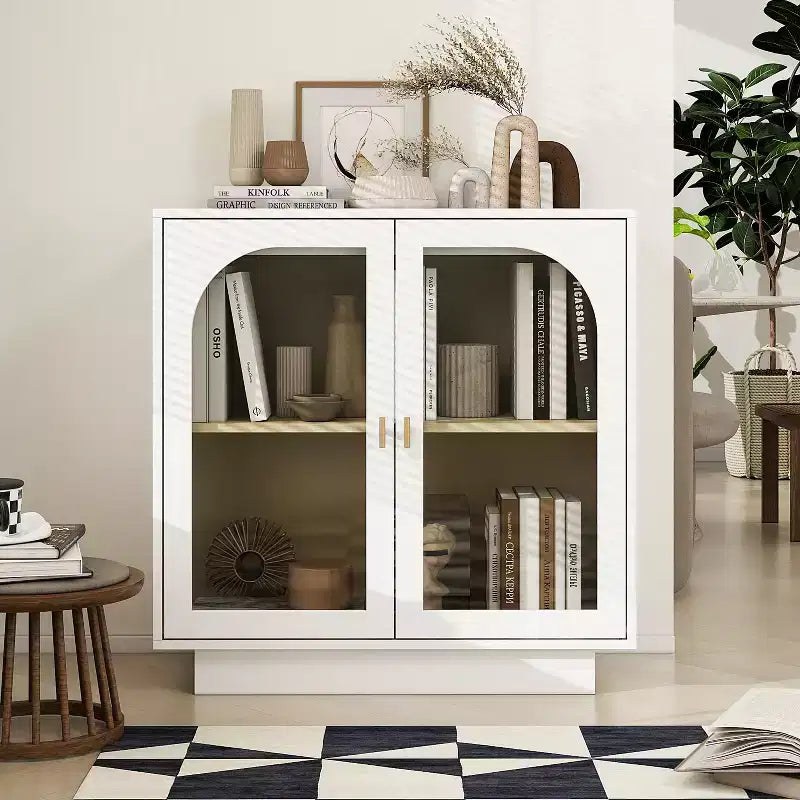 Glass Door Storage Cabinet, Contemporary Free Standing Organizer with Adjustable Shelf for Living Room, Dining or Study Room
