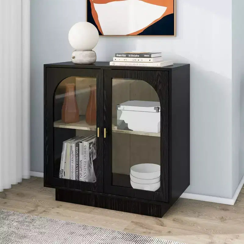 Glass Door Storage Cabinet, Contemporary Free Standing Organizer with Adjustable Shelf for Living Room, Dining or Study Room