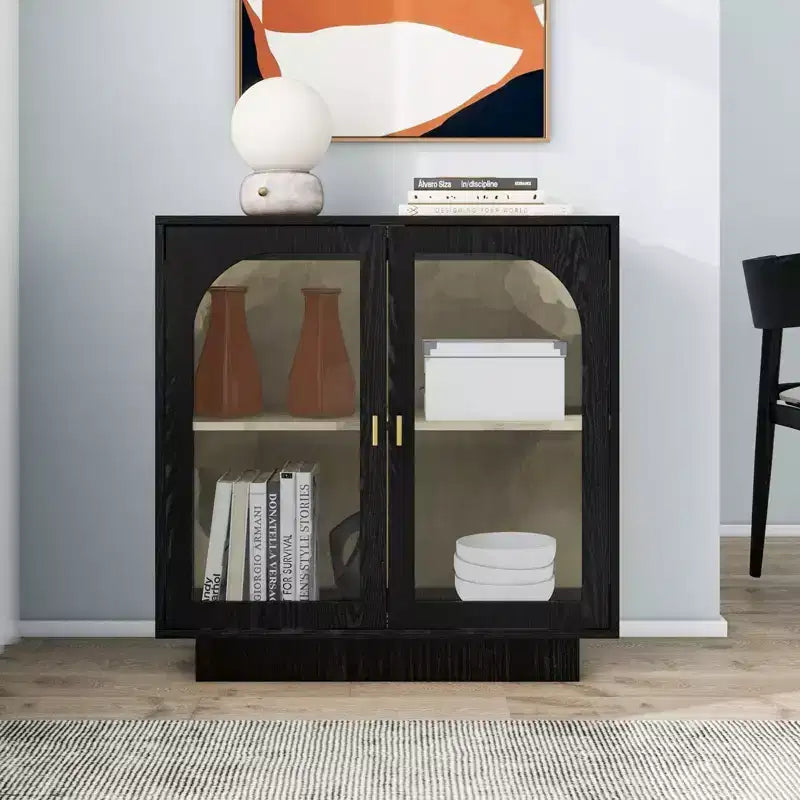 Glass Door Storage Cabinet, Contemporary Free Standing Organizer with Adjustable Shelf for Living Room, Dining or Study Room
