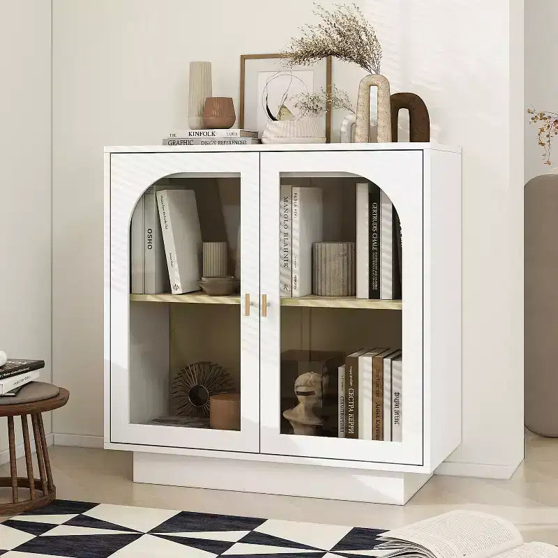 Glass Door Storage Cabinet, Contemporary Free Standing Organizer with Adjustable Shelf for Living Room, Dining or Study Room