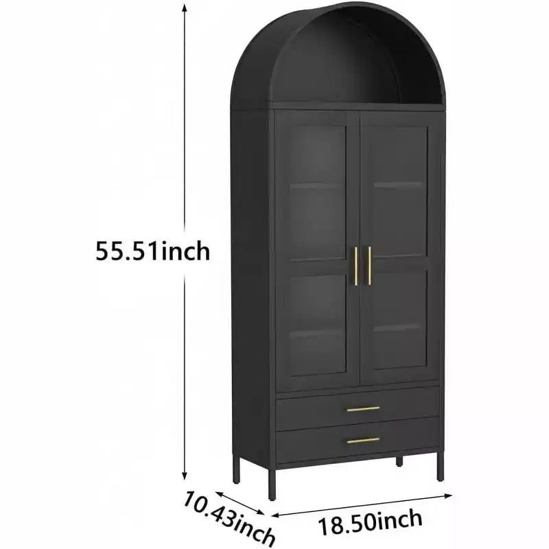 55 Tall Kitchen Pantry Cabinet, Arched Display with Glass Doors, 2 Drawers & Adjustable Shelves for Living, Dining Room