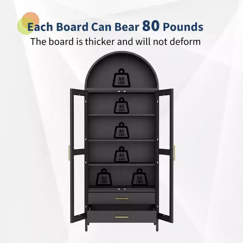 55 Tall Kitchen Pantry Cabinet, Arched Display with Glass Doors, 2 Drawers & Adjustable Shelves for Living, Dining Room