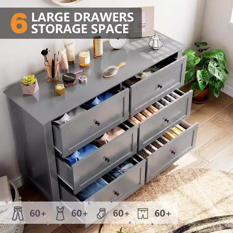 Dresser for Bedroom, 6 Chest of Drawer Dresser Organizer, Modern Wood Storage Cabinet for Living Room, Closet Storage, Entryway, Hallway