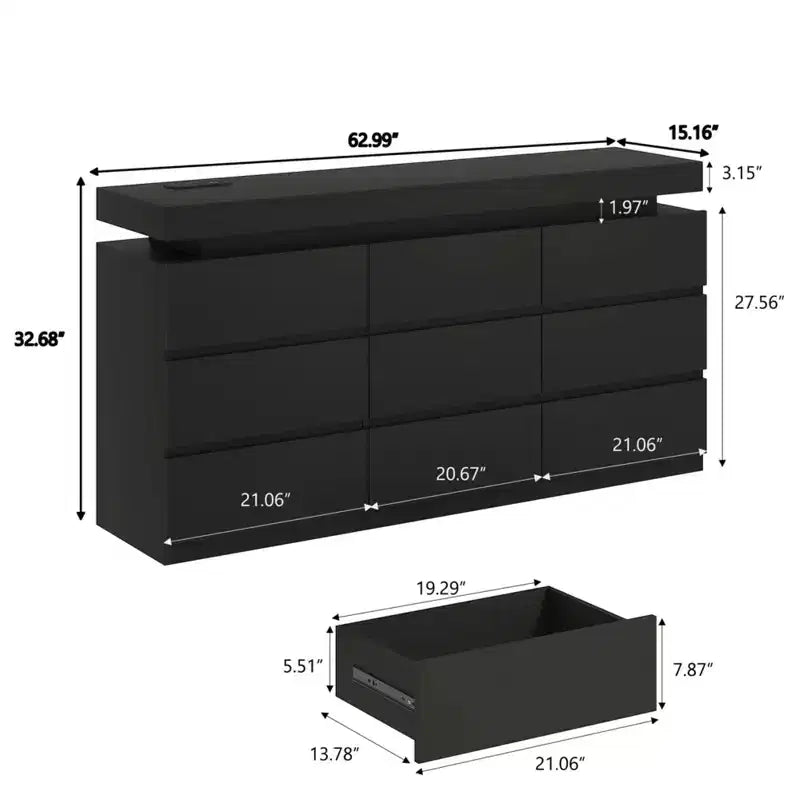 Dyonery Modern 9-Drawer Dressing Table with Sliding Top - Versatile Storage Organizer for Bedroom, Closet, or Living Room