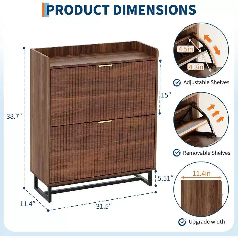 Shoe Storage Cabinet with 2 Flip Drawers, Narrow Wood Hidden Fluted Shoe Rack Organizer Cabinet for Entryway, Walnut