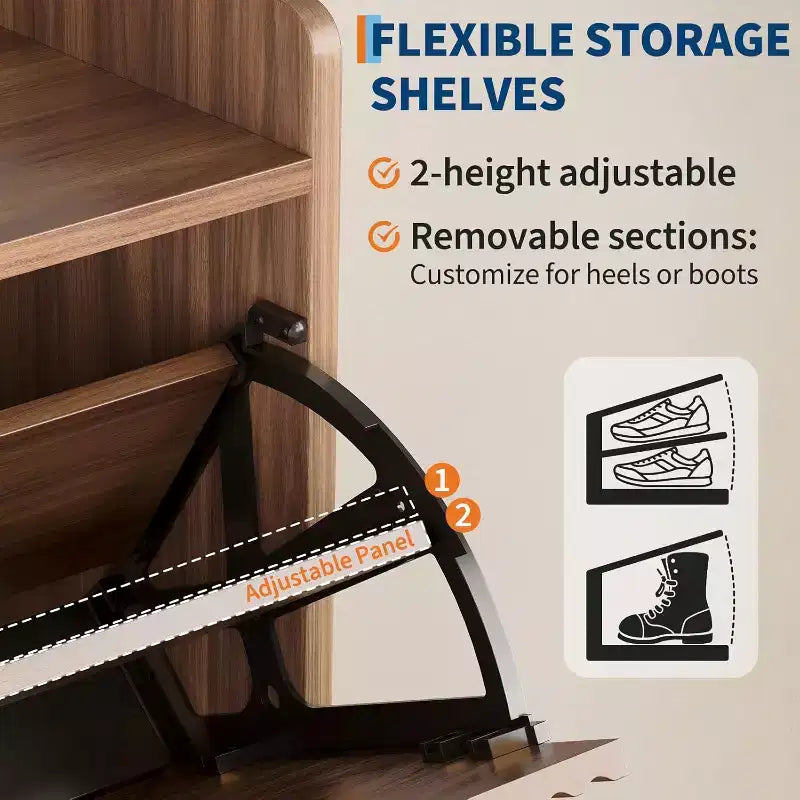 Shoe Storage Cabinet with 2 Flip Drawers, Narrow Wood Hidden Fluted Shoe Rack Organizer Cabinet for Entryway, Walnut