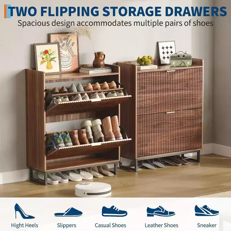 Shoe Storage Cabinet with 2 Flip Drawers, Narrow Wood Hidden Fluted Shoe Rack Organizer Cabinet for Entryway, Walnut