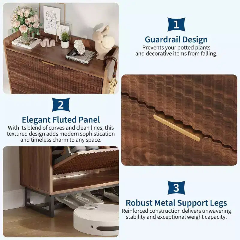 Shoe Storage Cabinet with 2 Flip Drawers, Narrow Wood Hidden Fluted Shoe Rack Organizer Cabinet for Entryway, Walnut