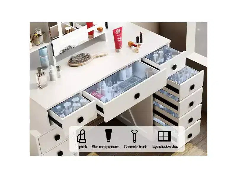 Okak Farmhouse Vanity Desk with Sliding Mirror, Makeup Vanity with Charging Station, Makeup Desk with Sponge Soft Stool for Dressing Room, White