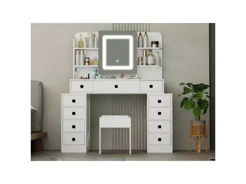 Okak Farmhouse Vanity Desk with Sliding Mirror, Makeup Vanity with Charging Station, Makeup Desk with Sponge Soft Stool for Dressing Room, White