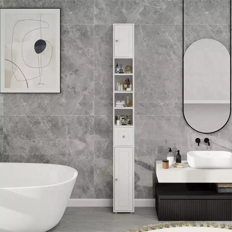 71 Tall Narrow Bathroom Cabinet, Freestanding Narrow Storage Cabinet with 2 Doors, 1 Drawer, 4 Adjustable Shelves for Bathroom, Living Room, White