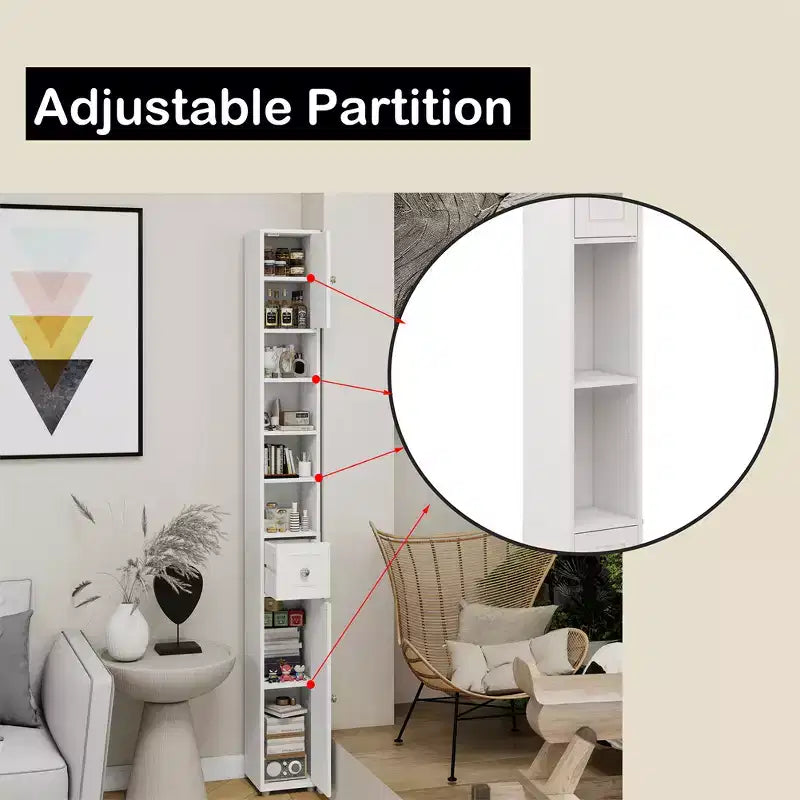 71 Tall Narrow Bathroom Cabinet, Freestanding Narrow Storage Cabinet with 2 Doors, 1 Drawer, 4 Adjustable Shelves for Bathroom, Living Room, White