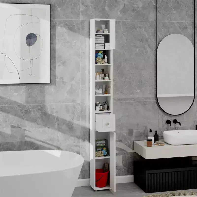 71 Tall Narrow Bathroom Cabinet, Freestanding Narrow Storage Cabinet with 2 Doors, 1 Drawer, 4 Adjustable Shelves for Bathroom, Living Room, White