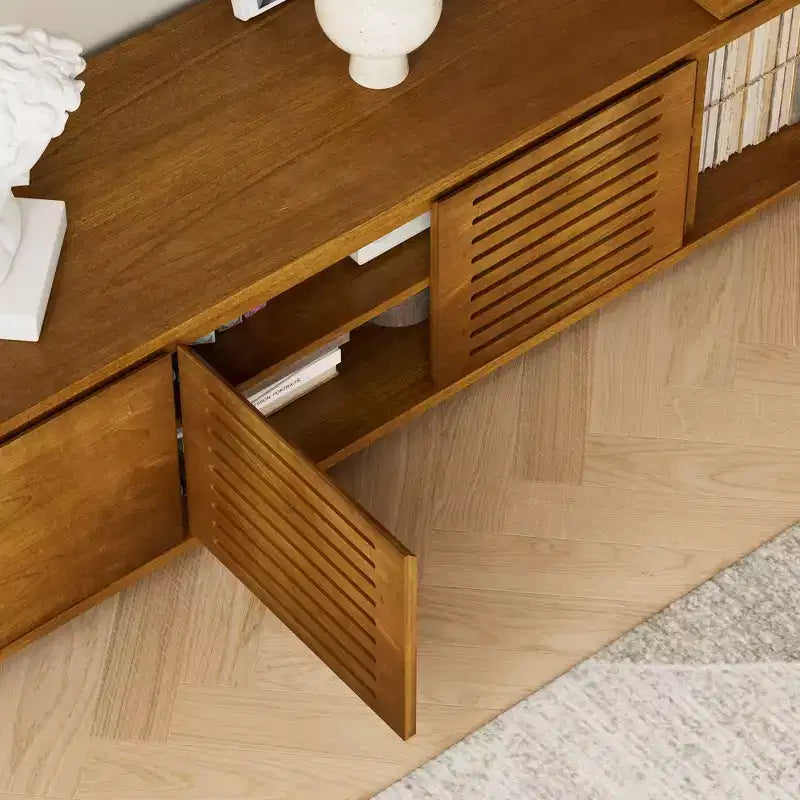 VIYET 63Mid-Century Modern Extendable TV Stand for 55-75 TVs, Farmhouse Media Console w/ Storage & Adjustable Panel, Brown Ebony