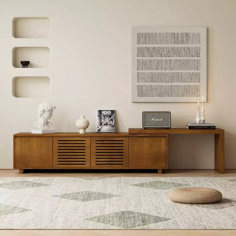 VIYET 63Mid-Century Modern Extendable TV Stand for 55-75 TVs, Farmhouse Media Console w/ Storage & Adjustable Panel, Brown Ebony