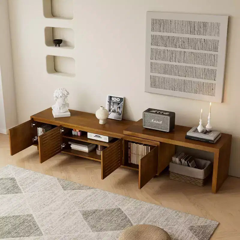 VIYET 63Mid-Century Modern Extendable TV Stand for 55-75 TVs, Farmhouse Media Console w/ Storage & Adjustable Panel, Brown Ebony