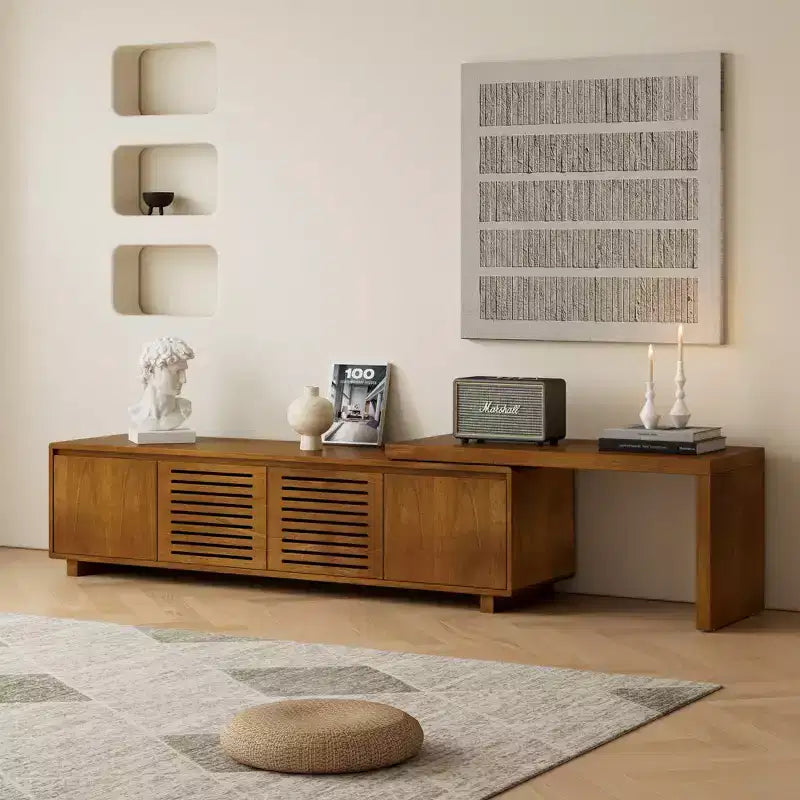 VIYET 63Mid-Century Modern Extendable TV Stand for 55-75 TVs, Farmhouse Media Console w/ Storage & Adjustable Panel, Brown Ebony