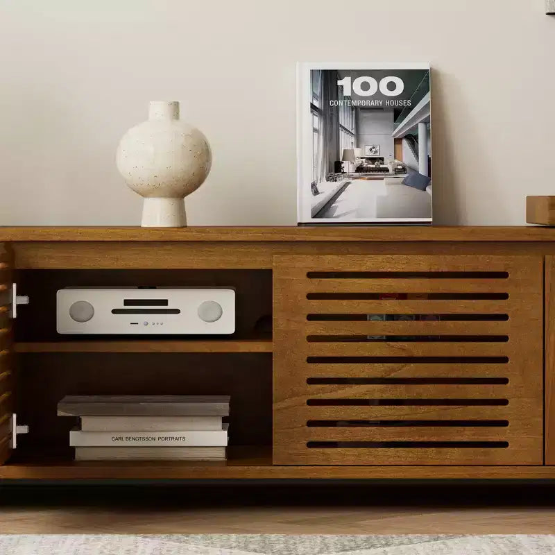 VIYET 63Mid-Century Modern Extendable TV Stand for 55-75 TVs, Farmhouse Media Console w/ Storage & Adjustable Panel, Brown Ebony