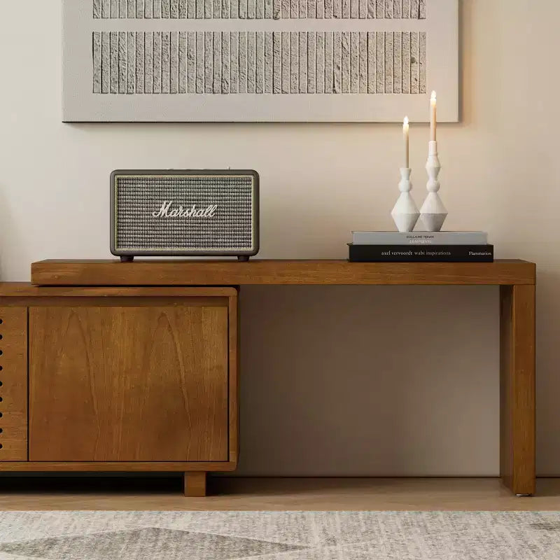 VIYET 63Mid-Century Modern Extendable TV Stand for 55-75 TVs, Farmhouse Media Console w/ Storage & Adjustable Panel, Brown Ebony