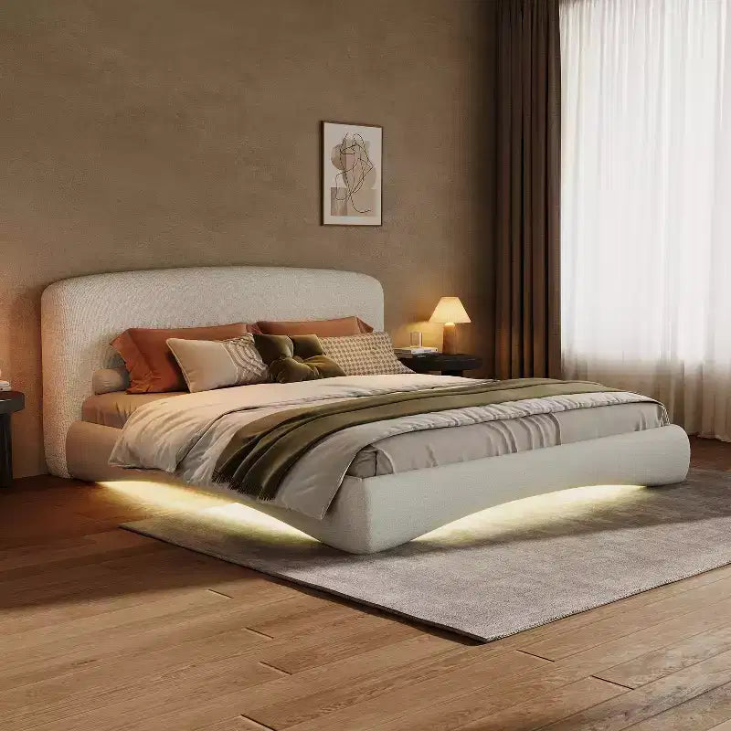 Queen/King Size Upholstered Platform Bed Frame with Padded Headboard, Ambient Lighting & Curve Design, Cream - ModernLuxe