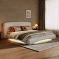 Queen/King Size Upholstered Platform Bed Frame with Padded Headboard, Ambient Lighting & Curve Design, Cream - ModernLuxe