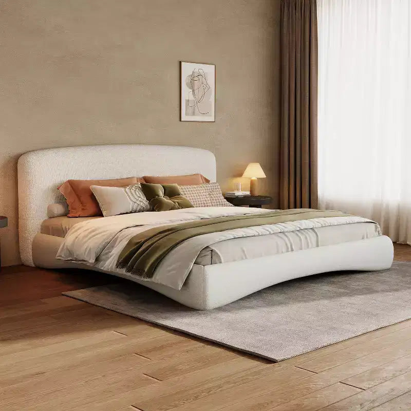 Queen/King Size Upholstered Platform Bed Frame with Padded Headboard, Ambient Lighting & Curve Design, Cream - ModernLuxe