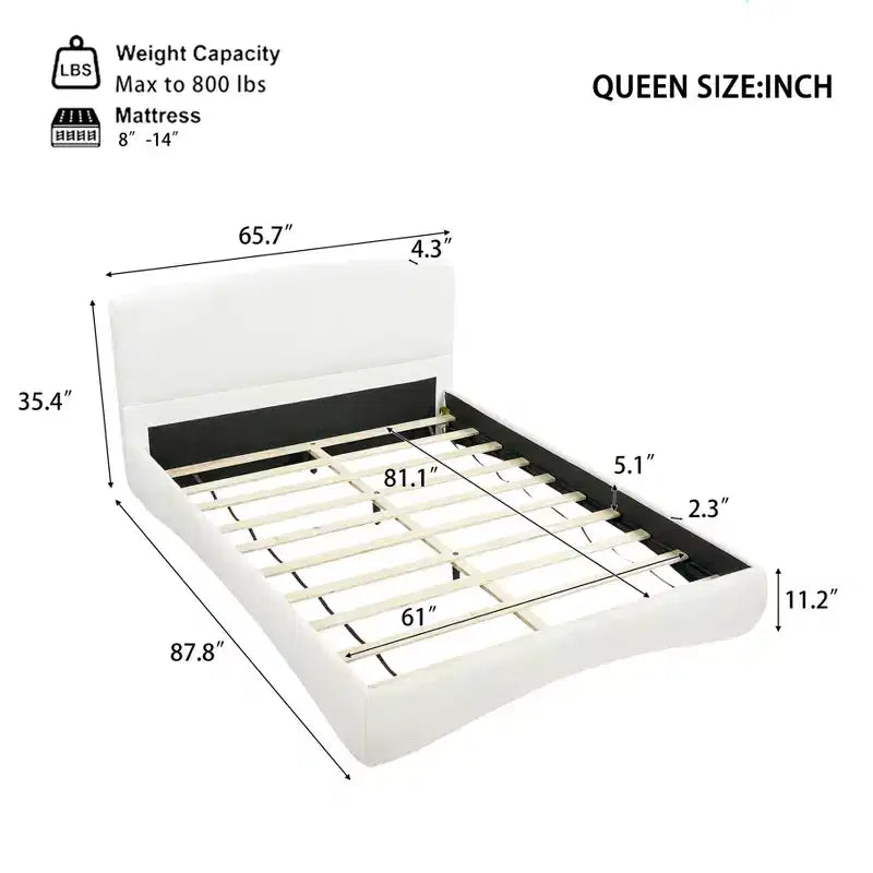 Queen/King Size Upholstered Platform Bed Frame with Padded Headboard, Ambient Lighting & Curve Design, Cream - ModernLuxe