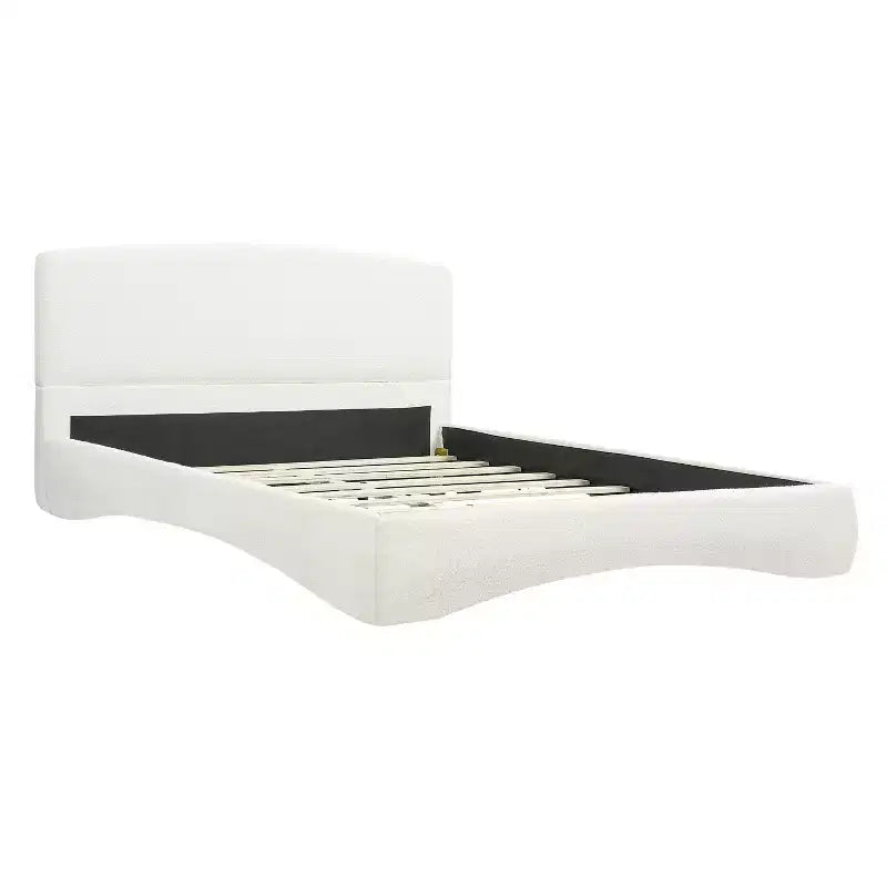 Queen/King Size Upholstered Platform Bed Frame with Padded Headboard, Ambient Lighting & Curve Design, Cream - ModernLuxe