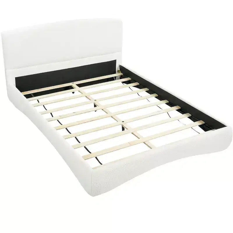 Queen/King Size Upholstered Platform Bed Frame with Padded Headboard, Ambient Lighting & Curve Design, Cream - ModernLuxe