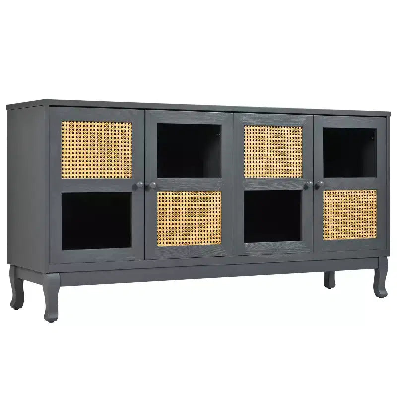 Floor Storage Console Table,Sideboard Buffet Cabinet, Sideboard Cabinet with 4 Artificial Rattan and Clear Glass Doors for Entryway