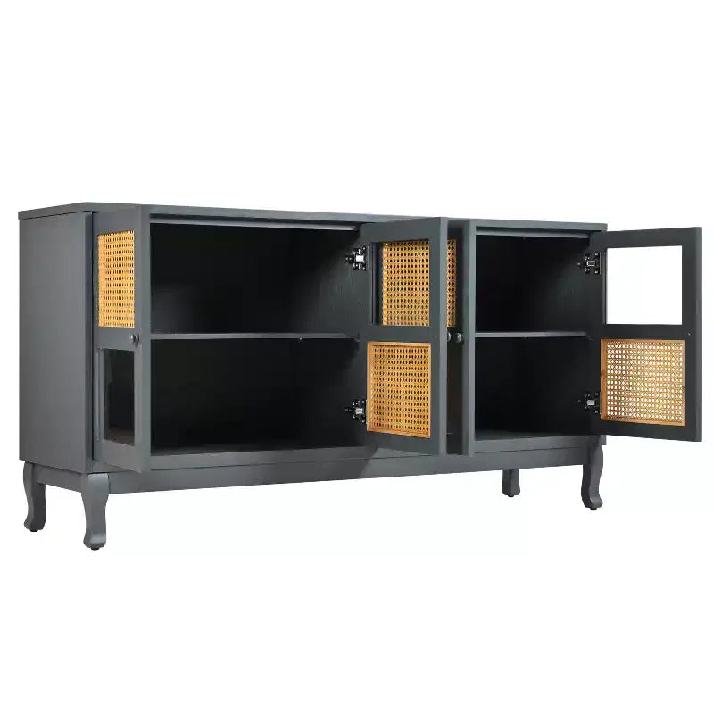 Floor Storage Console Table,Sideboard Buffet Cabinet, Sideboard Cabinet with 4 Artificial Rattan and Clear Glass Doors for Entryway