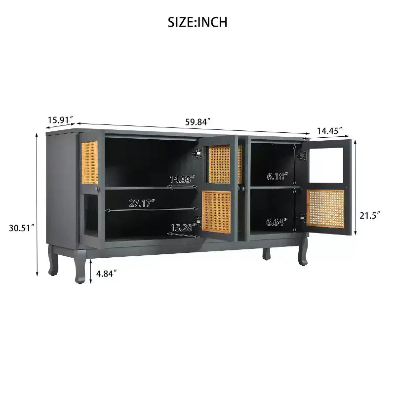 Floor Storage Console Table,Sideboard Buffet Cabinet, Sideboard Cabinet with 4 Artificial Rattan and Clear Glass Doors for Entryway