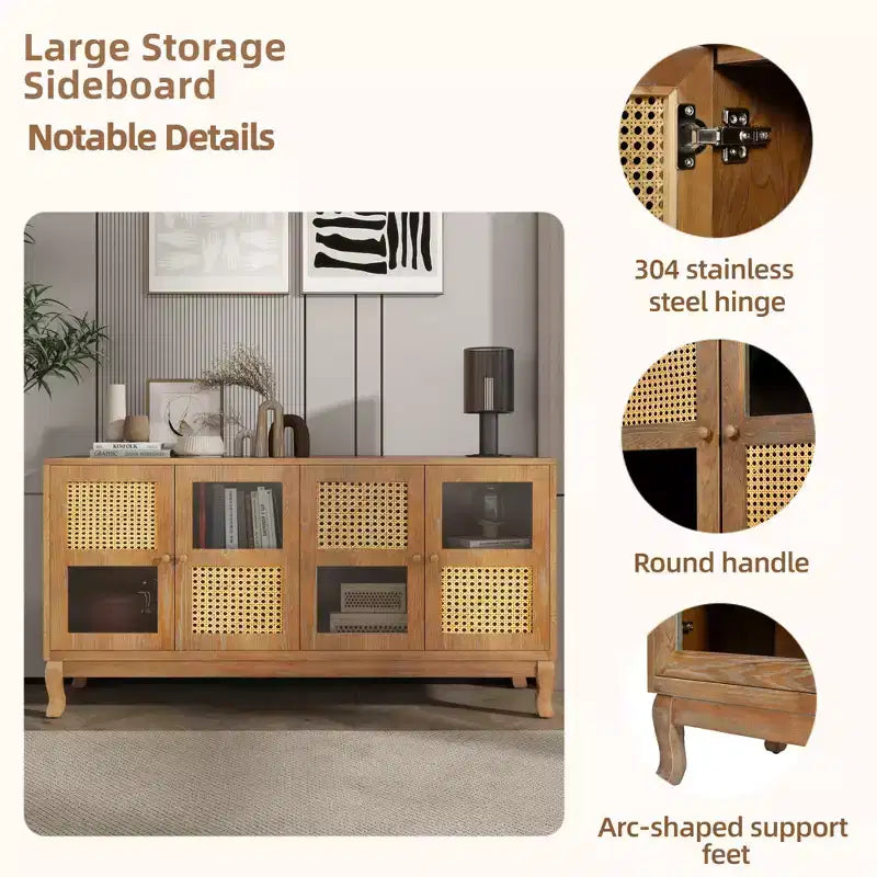 Floor Storage Console Table,Sideboard Buffet Cabinet, Sideboard Cabinet with 4 Artificial Rattan and Clear Glass Doors for Entryway