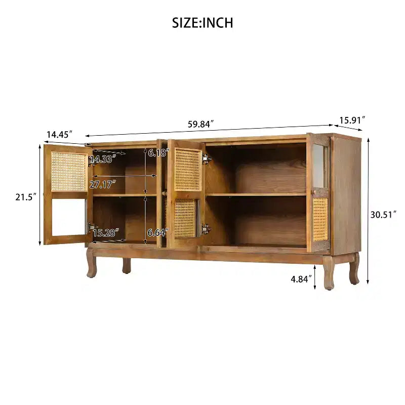 Floor Storage Console Table,Sideboard Buffet Cabinet, Sideboard Cabinet with 4 Artificial Rattan and Clear Glass Doors for Entryway