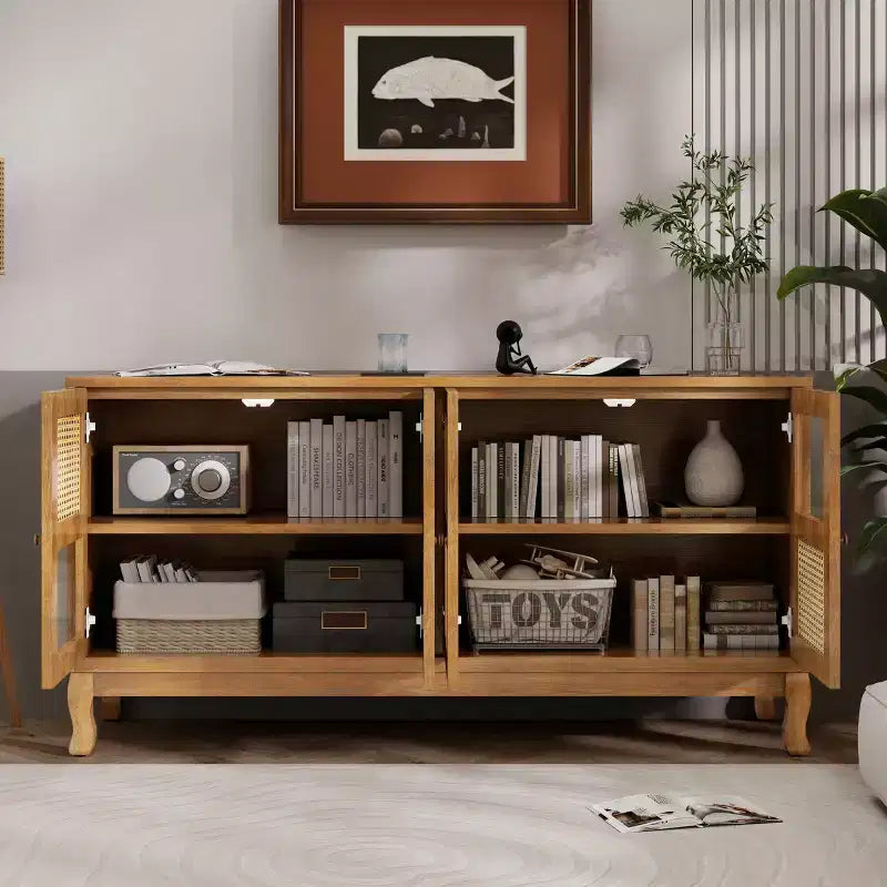 Floor Storage Console Table,Sideboard Buffet Cabinet, Sideboard Cabinet with 4 Artificial Rattan and Clear Glass Doors for Entryway
