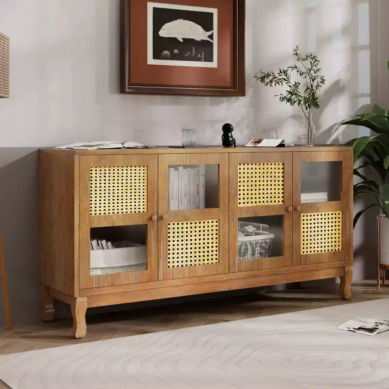 Floor Storage Console Table,Sideboard Buffet Cabinet, Sideboard Cabinet with 4 Artificial Rattan and Clear Glass Doors for Entryway