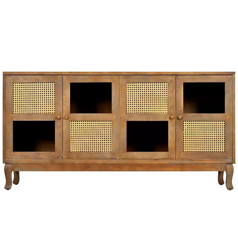Floor Storage Console Table,Sideboard Buffet Cabinet, Sideboard Cabinet with 4 Artificial Rattan and Clear Glass Doors for Entryway