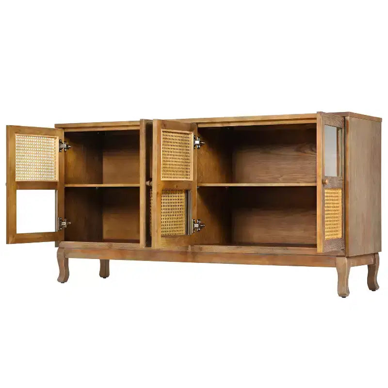 Floor Storage Console Table,Sideboard Buffet Cabinet, Sideboard Cabinet with 4 Artificial Rattan and Clear Glass Doors for Entryway