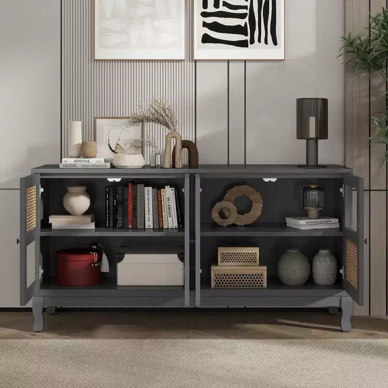 Floor Storage Console Table,Sideboard Buffet Cabinet, Sideboard Cabinet with 4 Artificial Rattan and Clear Glass Doors for Entryway