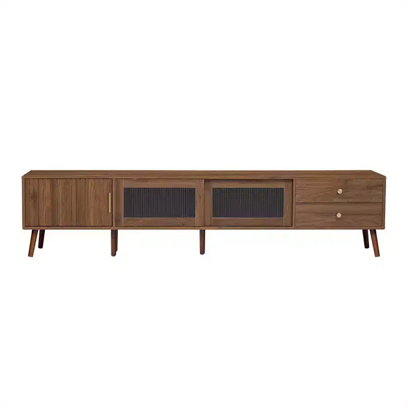 VIYET 77Modern Minimal TV Stand, Wood-Grain Glass-Door Media Console (for TVs up to 85), Solid Wood+MDF Storage Cabinet