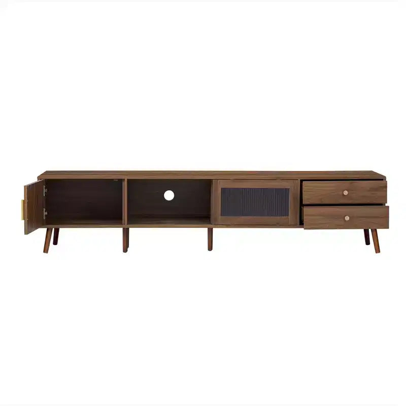 VIYET 77Modern Minimal TV Stand, Wood-Grain Glass-Door Media Console (for TVs up to 85), Solid Wood+MDF Storage Cabinet