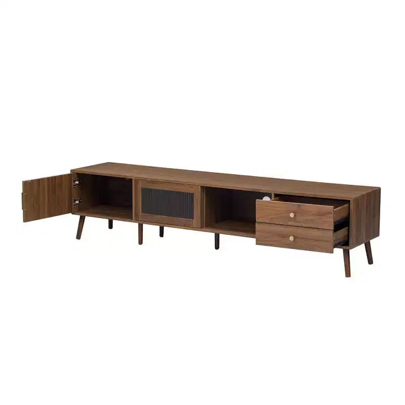 VIYET 77Modern Minimal TV Stand, Wood-Grain Glass-Door Media Console (for TVs up to 85), Solid Wood+MDF Storage Cabinet