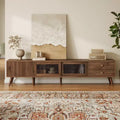 VIYET 77Modern Minimal TV Stand, Wood-Grain Glass-Door Media Console (for TVs up to 85), Solid Wood+MDF Storage Cabinet