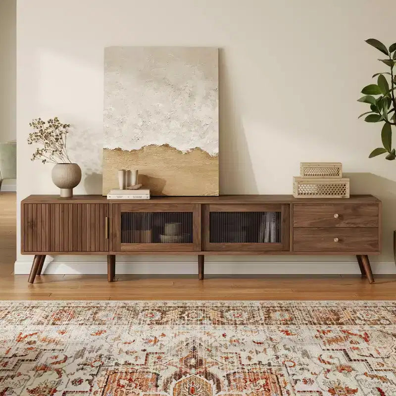 VIYET 77Modern Minimal TV Stand, Wood-Grain Glass-Door Media Console (for TVs up to 85), Solid Wood+MDF Storage Cabinet