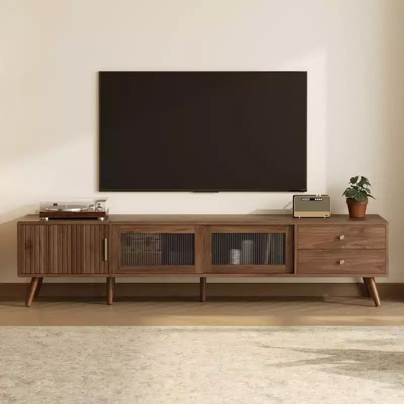 VIYET 77Modern Minimal TV Stand, Wood-Grain Glass-Door Media Console (for TVs up to 85), Solid Wood+MDF Storage Cabinet