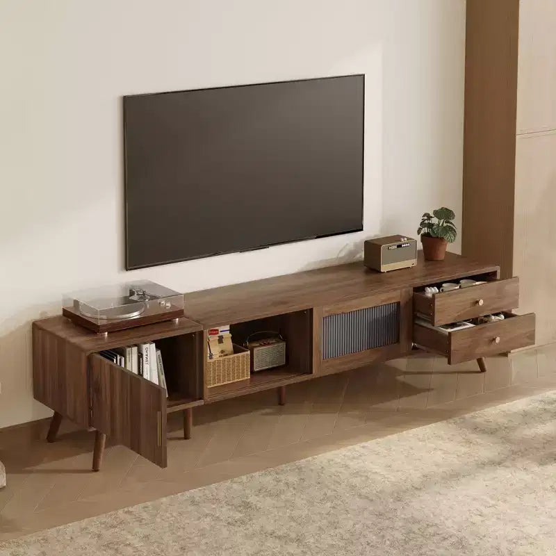 VIYET 77Modern Minimal TV Stand, Wood-Grain Glass-Door Media Console (for TVs up to 85), Solid Wood+MDF Storage Cabinet