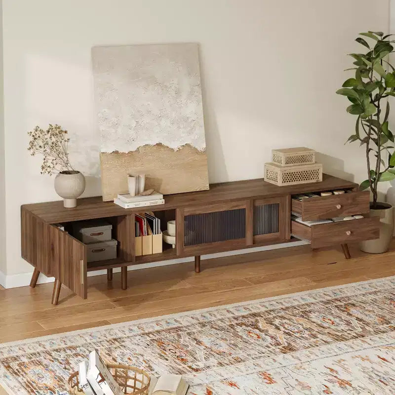 VIYET 77Modern Minimal TV Stand, Wood-Grain Glass-Door Media Console (for TVs up to 85), Solid Wood+MDF Storage Cabinet