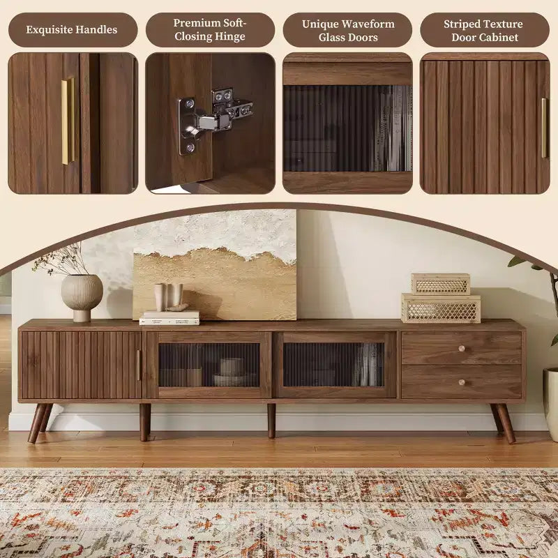 VIYET 77Modern Minimal TV Stand, Wood-Grain Glass-Door Media Console (for TVs up to 85), Solid Wood+MDF Storage Cabinet